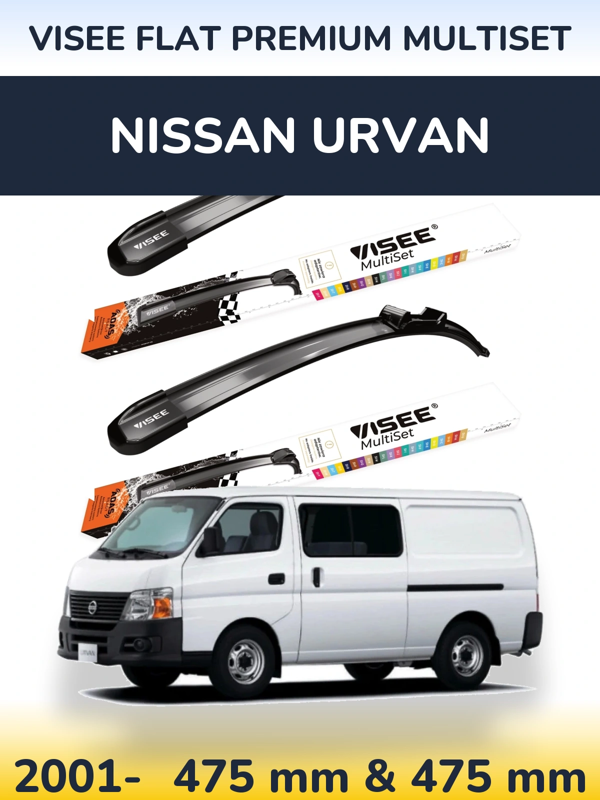 Komplet przednich wycieraczek VISEE FLAT PREMIUM MultiSet 475 & 475 mm do Nissan Urvan 2001-2026