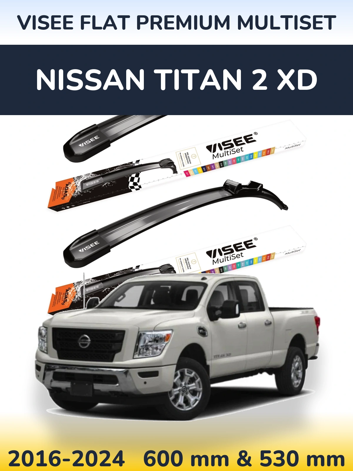 Комплект передних дворников VISEE FLAT PREMIUM MultiSet 600 & 530 мм для Nissan Titan 2 XD 2016-2024