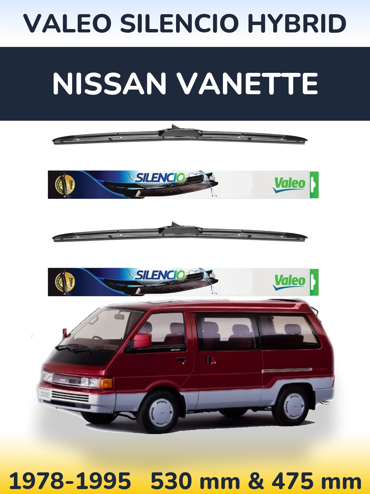 Komplet przednich wycieraczek Valeo Silencio Hybrid 530 & 475 mm do Nissan Vanette 1978-1995