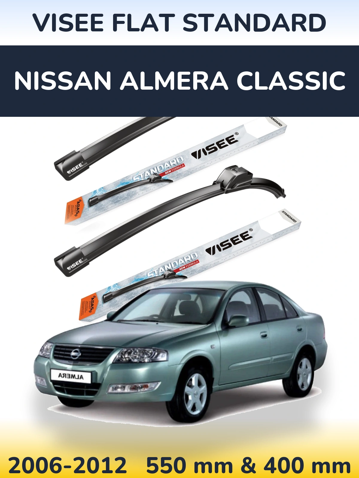 Komplet przednich wycieraczek VISEE FLAT STANDARD 550 & 400 mm do Nissan Almera Classic 2006-2012