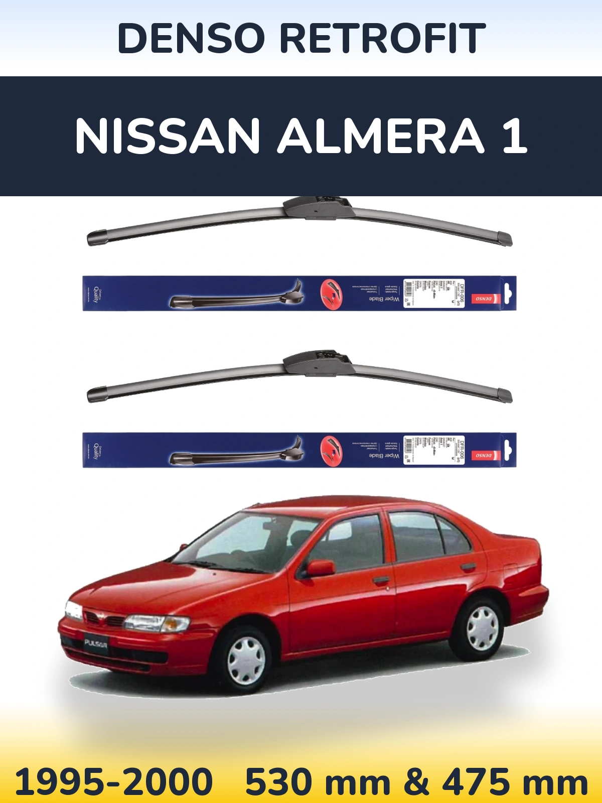 Front wiper blade set Denso Retrofit 530 & 475 mm for Nissan Almera 1 1995-2000