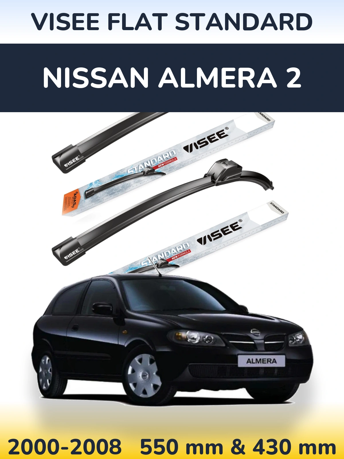 Komplet przednich wycieraczek VISEE FLAT STANDARD 550 & 430 mm do Nissan Almera 2 2000-2008