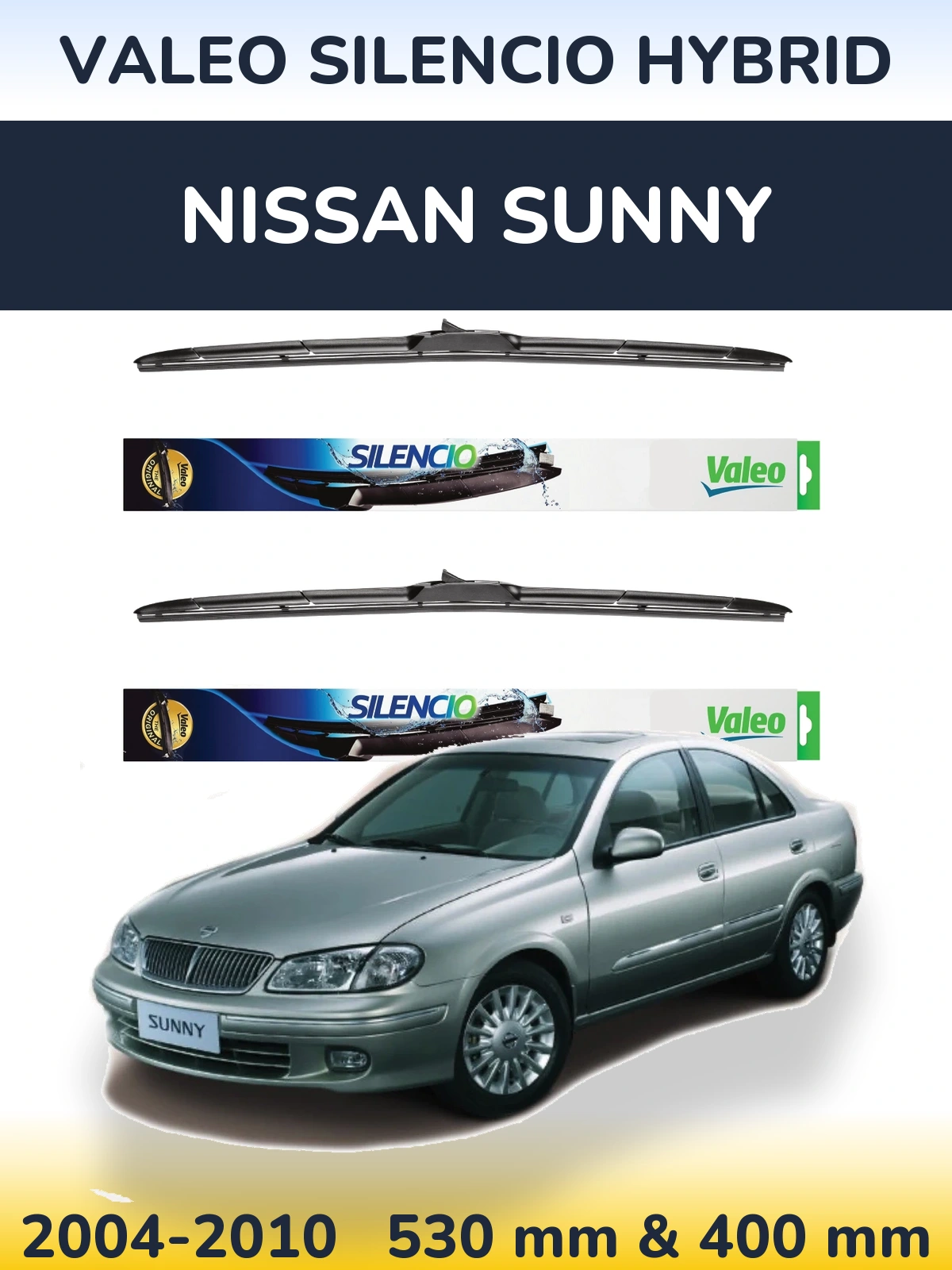 Komplet przednich wycieraczek Valeo Silencio Hybrid 530 & 400 mm do Nissan Sunny 2004-2010
