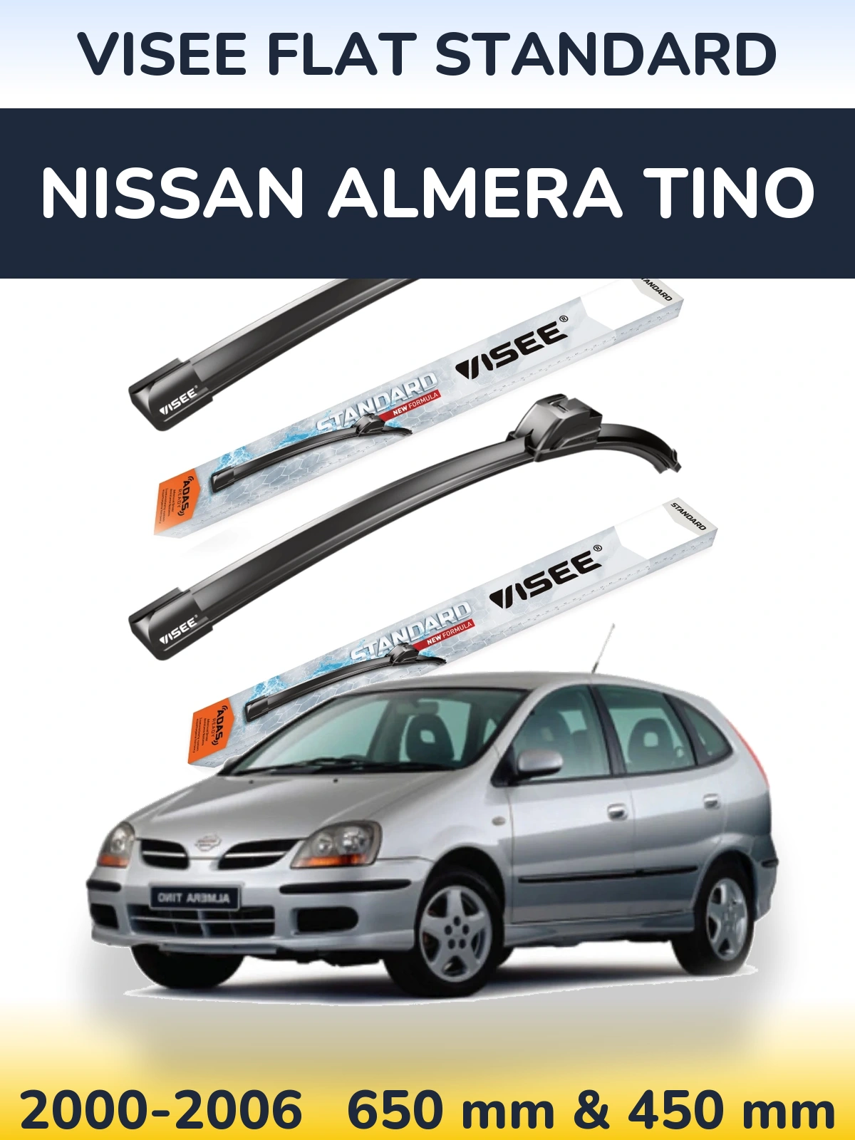 Komplet przednich wycieraczek VISEE FLAT STANDARD 650 & 450 mm do Nissan Almera Tino 2000-2006