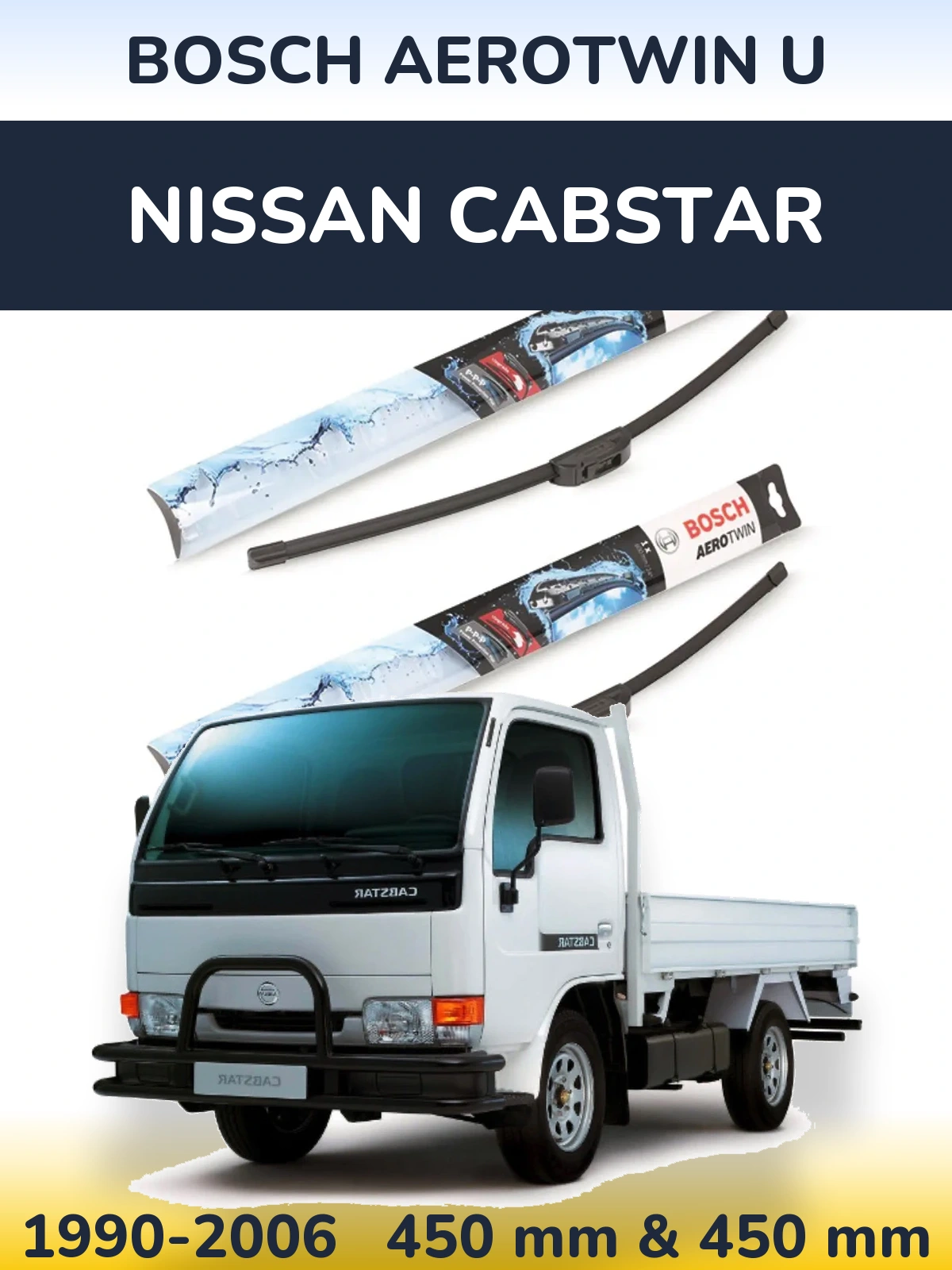 Front wiper blade set BOSCH AeroTwin U 450 & 450 mm for Nissan Cabstar 1990-2006