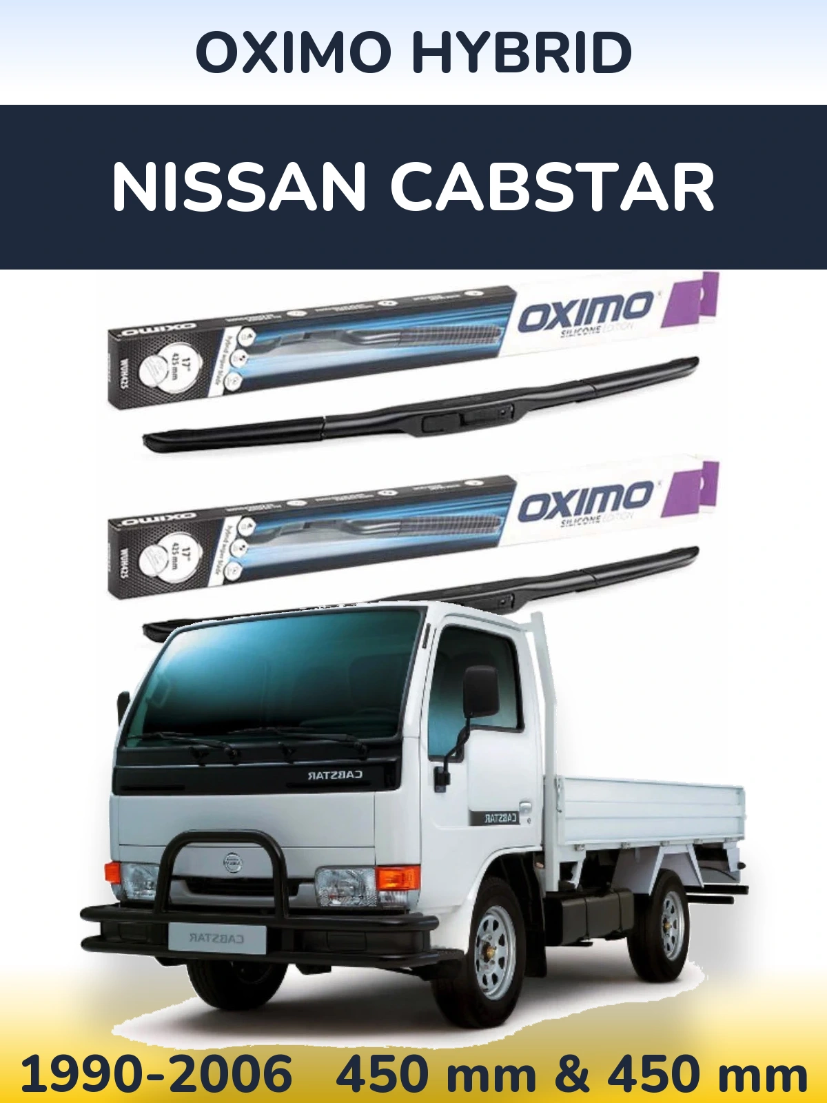 Front wiper blade set Oximo Hybrid 450 & 450 mm for Nissan Cabstar 1990-2006