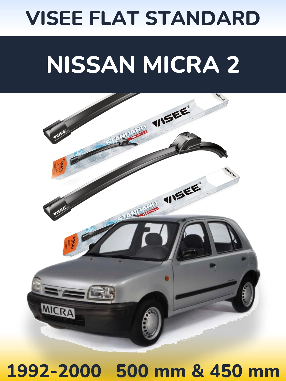 Komplet przednich wycieraczek VISEE FLAT STANDARD 500 & 450 mm do Nissan Micra 2 1992-2000