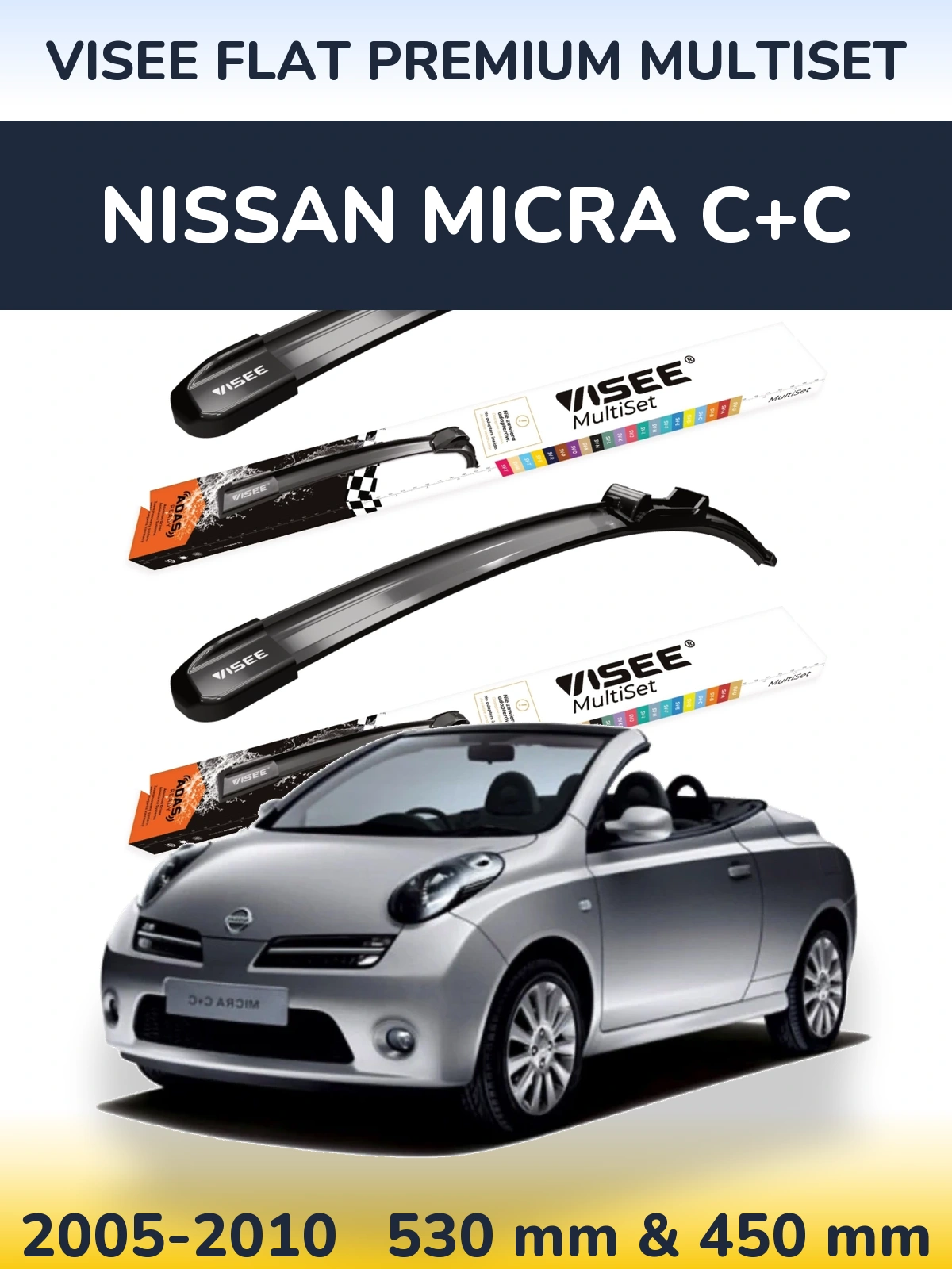 Komplet przednich wycieraczek VISEE FLAT PREMIUM MultiSet 530 & 450 mm do Nissan Micra C+C 2005-2010