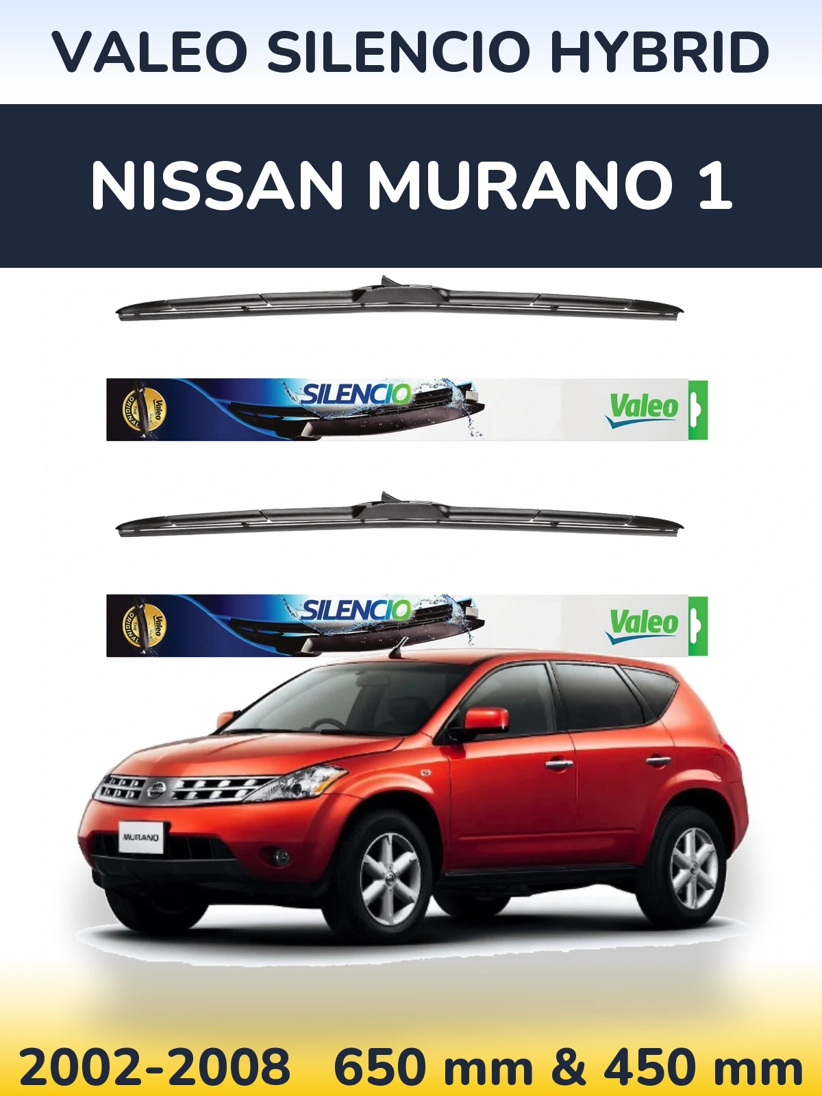 Front wiper blade set Valeo Silencio Hybrid 650 & 450 mm for Nissan Murano 1 2002-2008