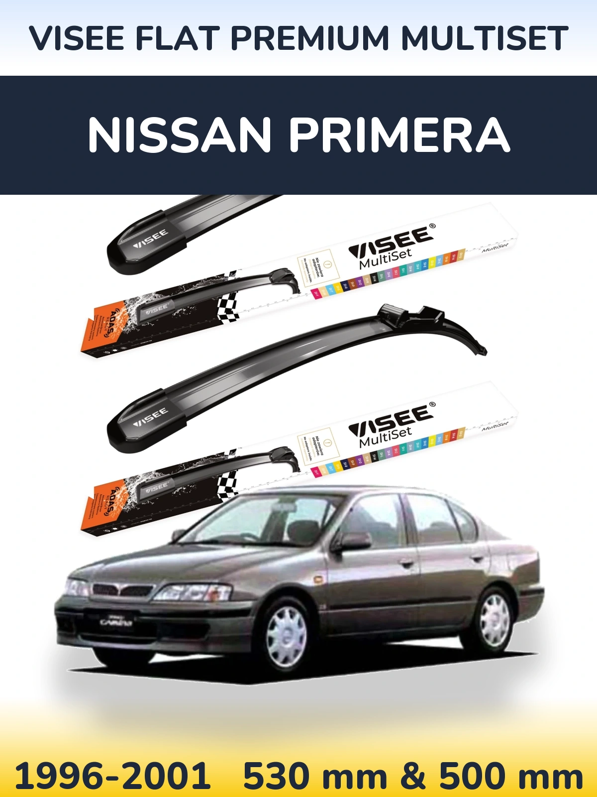 Комплект передних дворников VISEE FLAT PREMIUM MultiSet 530 & 500 мм для Nissan Primera 1996-2001