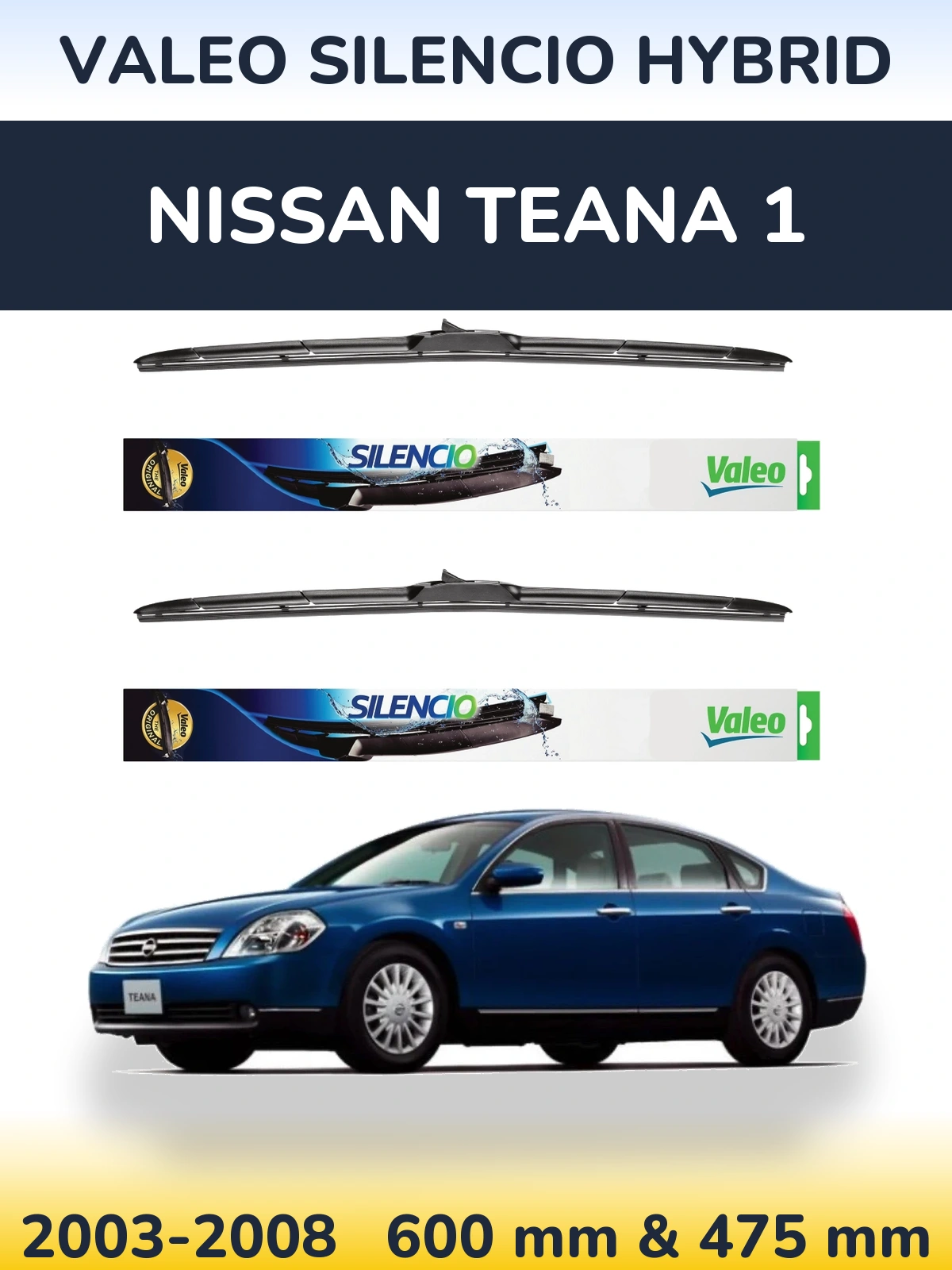 Komplet przednich wycieraczek Valeo Silencio Hybrid 600 & 475 mm do Nissan Teana 1 2003-2008
