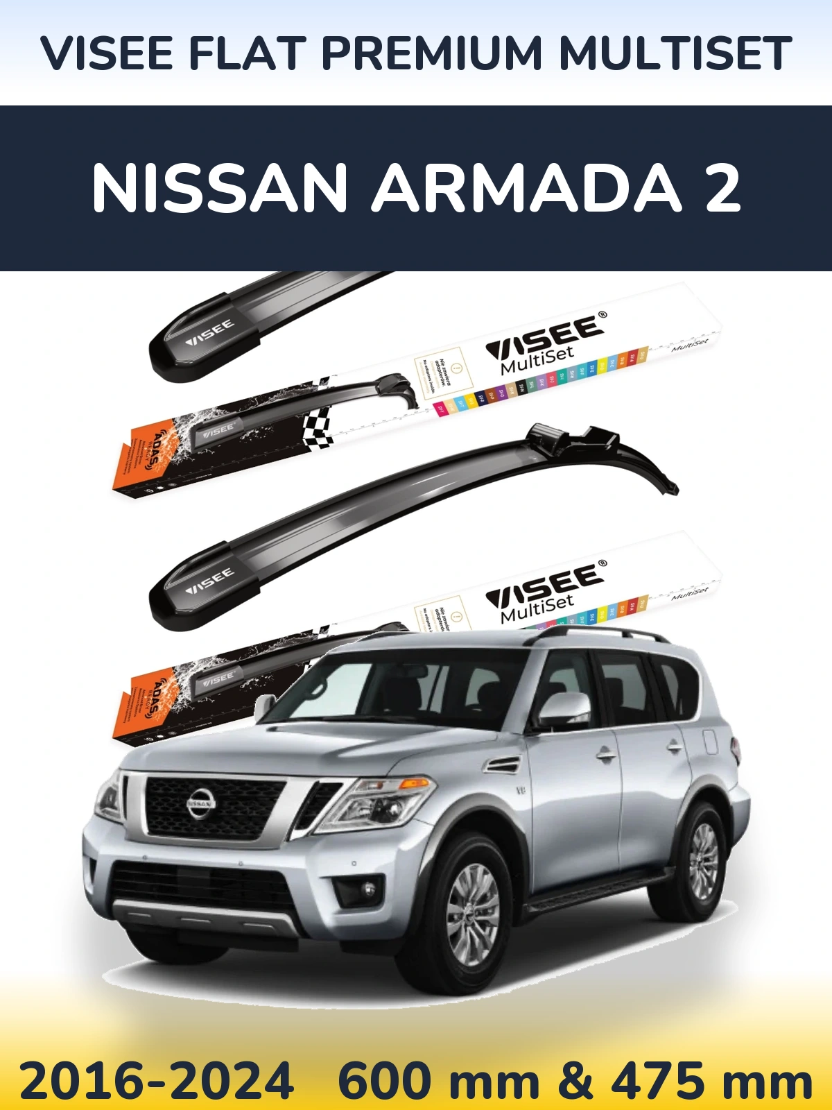 Komplet przednich wycieraczek VISEE FLAT PREMIUM MultiSet 600 & 475 mm do Nissan Armada 2 2016-2024