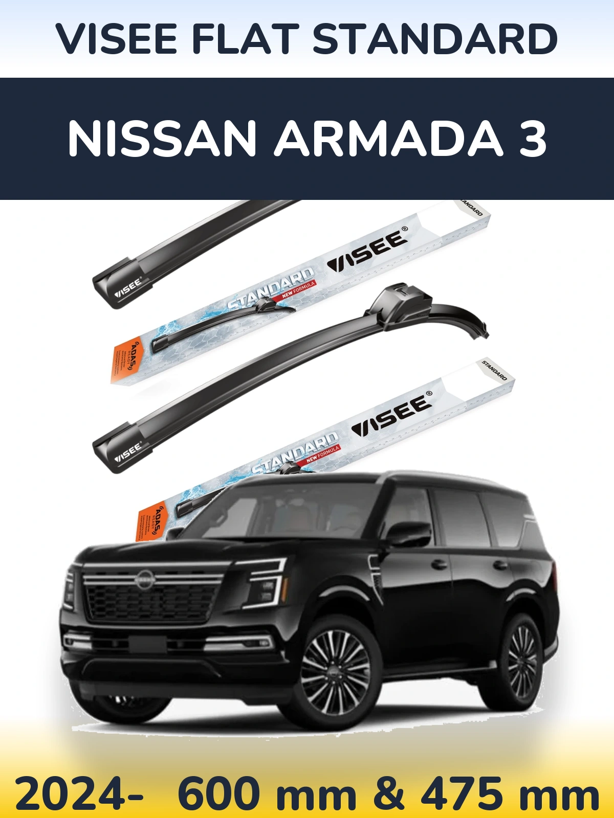 Komplet przednich wycieraczek VISEE FLAT STANDARD 600 & 475 mm do Nissan Armada 3 2024-2026