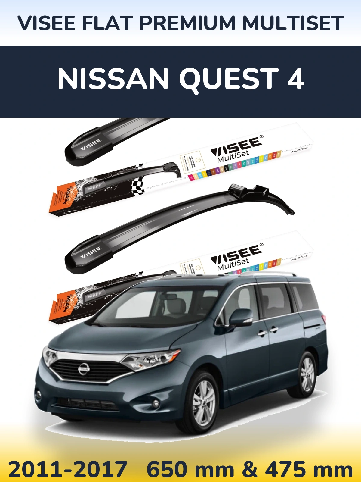 Komplet przednich wycieraczek VISEE FLAT PREMIUM MultiSet 650 & 475 mm do Nissan Quest 4 2011-2017