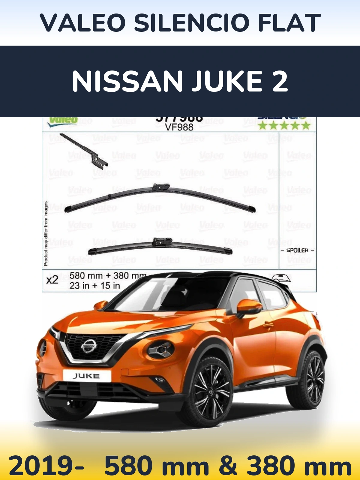 Front wiper blade set Valeo Silencio Flat 580 & 380 mm for Nissan Juke 2 2019-2026