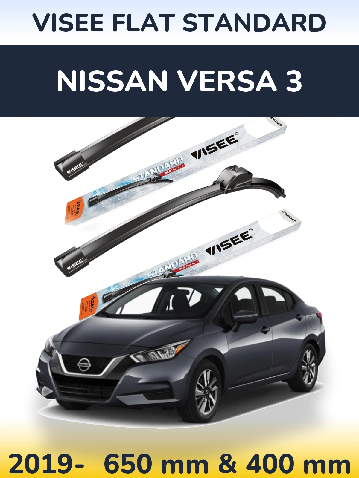 Комплект передних дворников VISEE FLAT STANDARD 650 & 400 мм для Nissan Versa 3 2019-2026