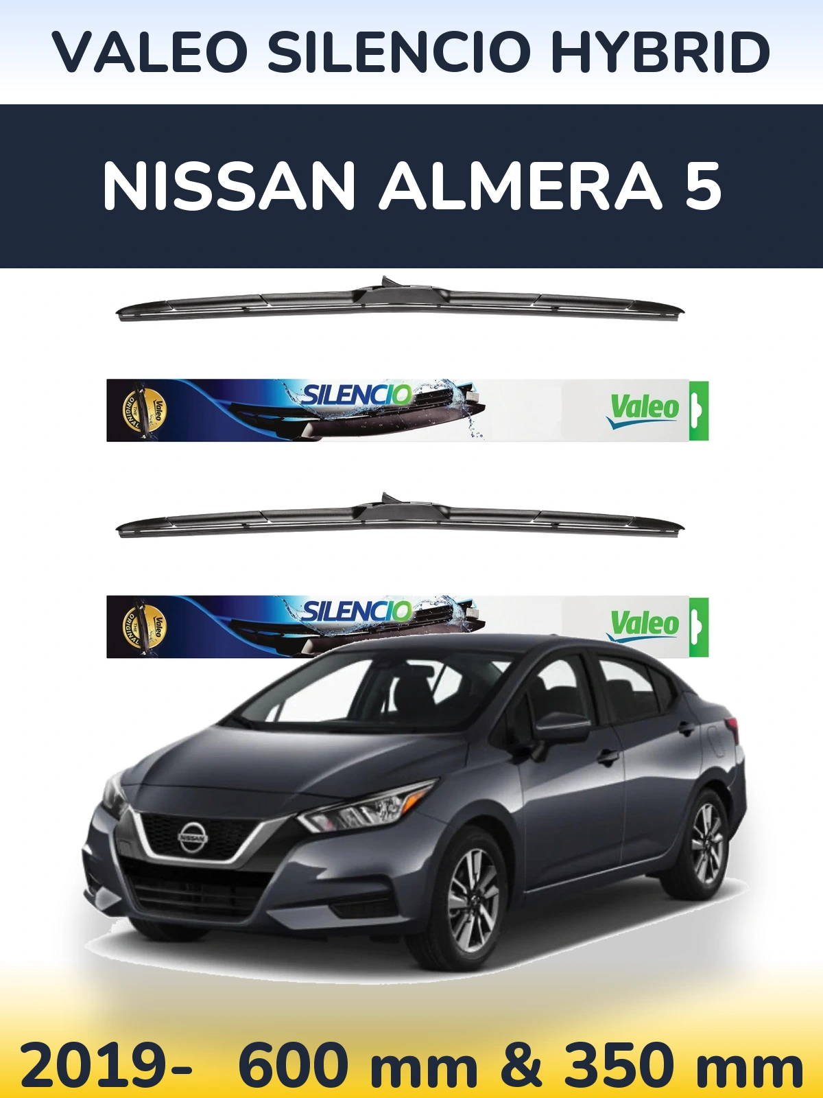 Front wiper blade set Valeo Silencio Hybrid 600 & 350 mm for Nissan Almera 5 2019-2026