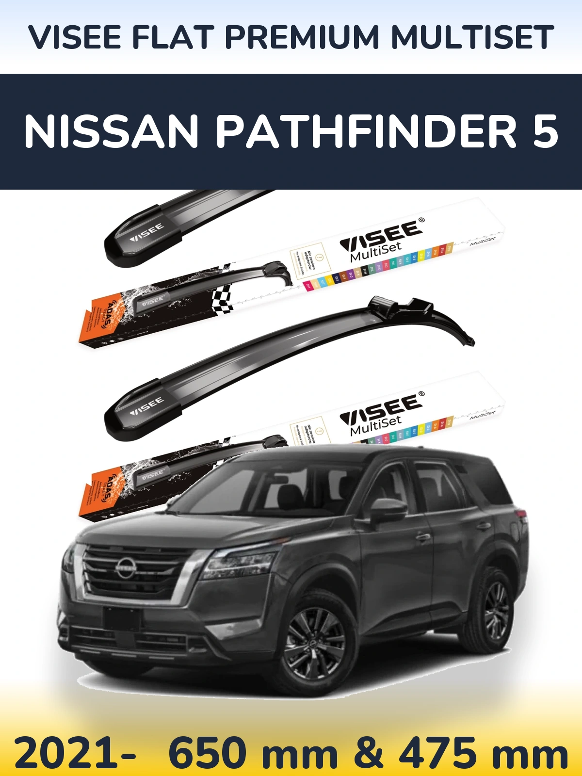 Komplet przednich wycieraczek VISEE FLAT PREMIUM MultiSet 650 & 475 mm do Nissan Pathfinder 5 2021-2026