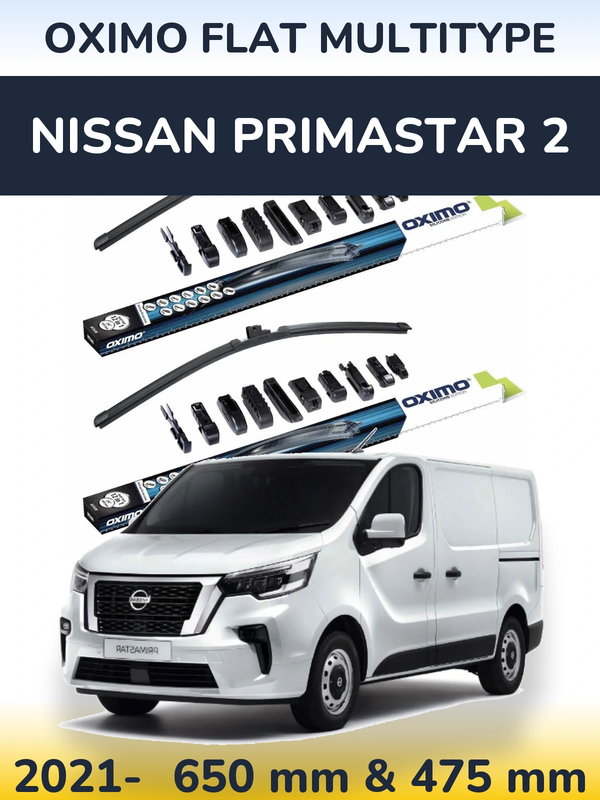 Комплект передних дворников Oximo Flat MultiТипe 650 & 475 мм для Nissan Primastar 2 2021-2026