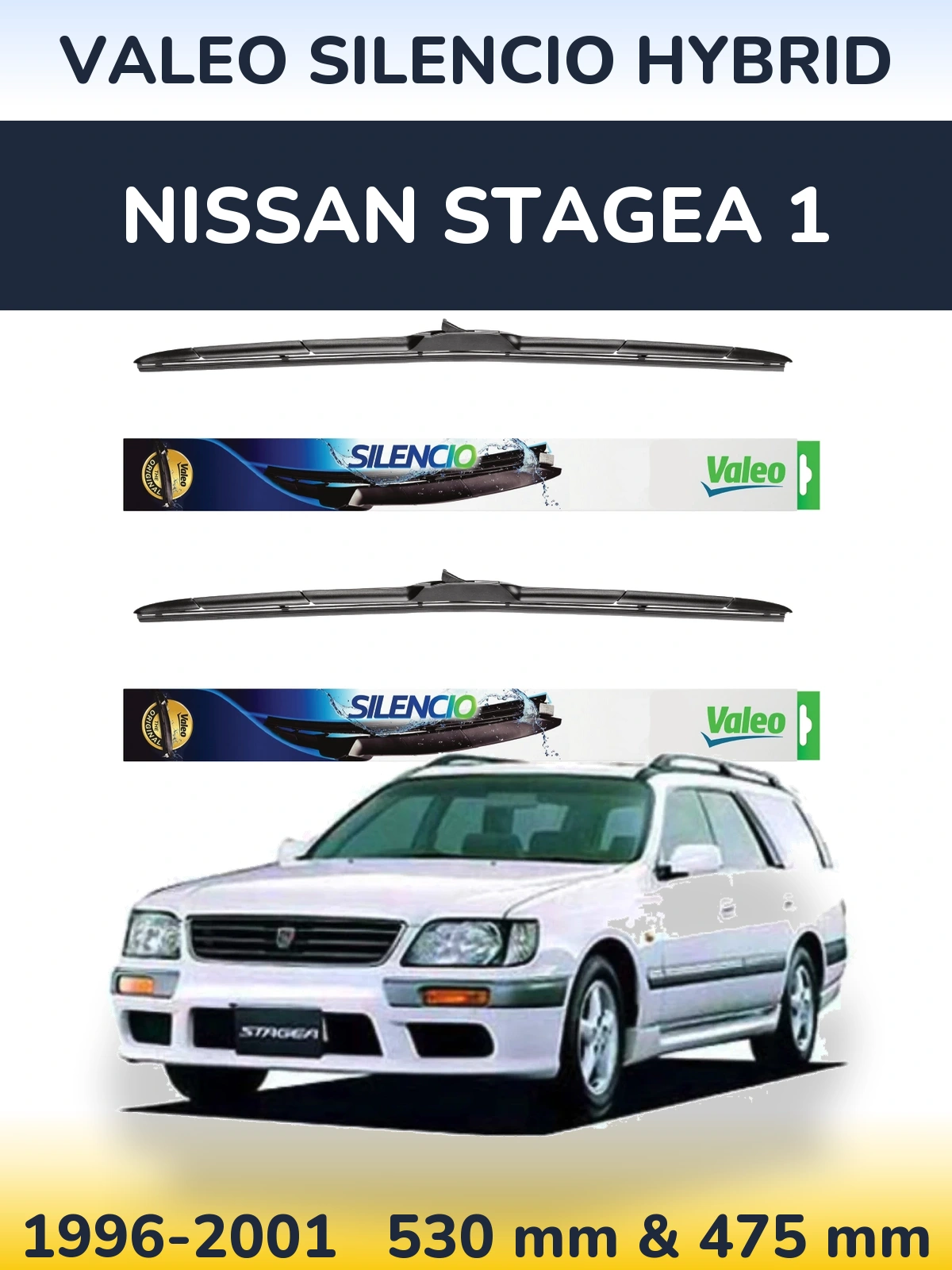 Komplet przednich wycieraczek Valeo Silencio Hybrid 530 & 475 mm do Nissan Stagea 1 1996-2001
