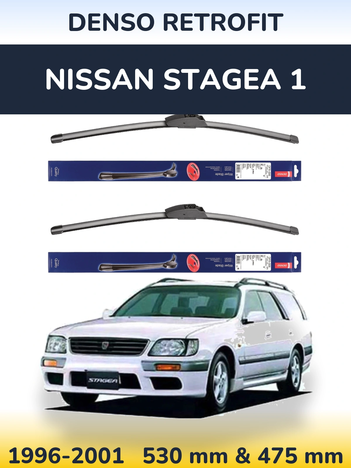 Komplet przednich wycieraczek Denso Retrofit 530 & 475 mm do Nissan Stagea 1 1996-2001