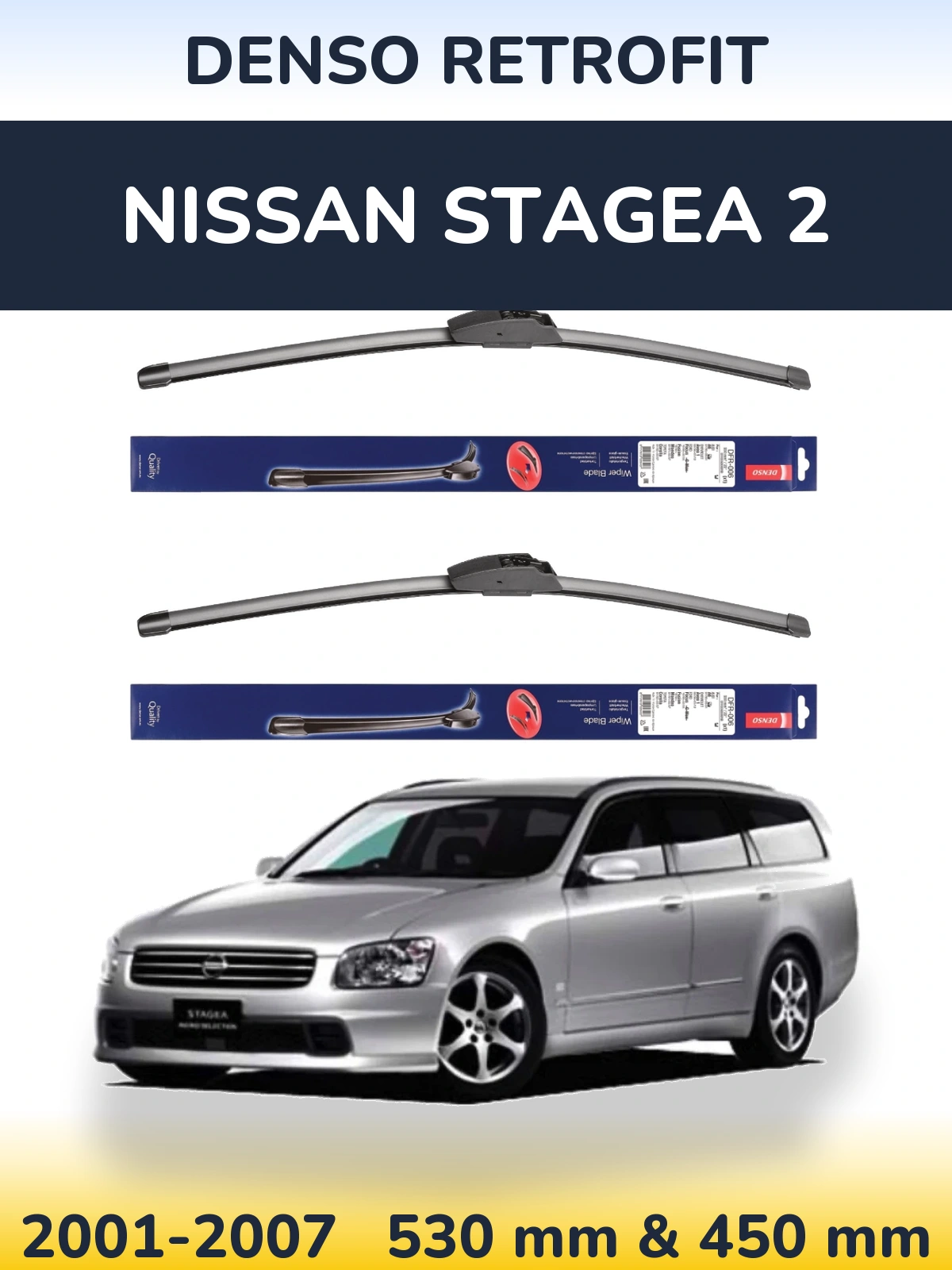 Komplet przednich wycieraczek Denso Retrofit 530 & 450 mm do Nissan Stagea 2 2001-2007