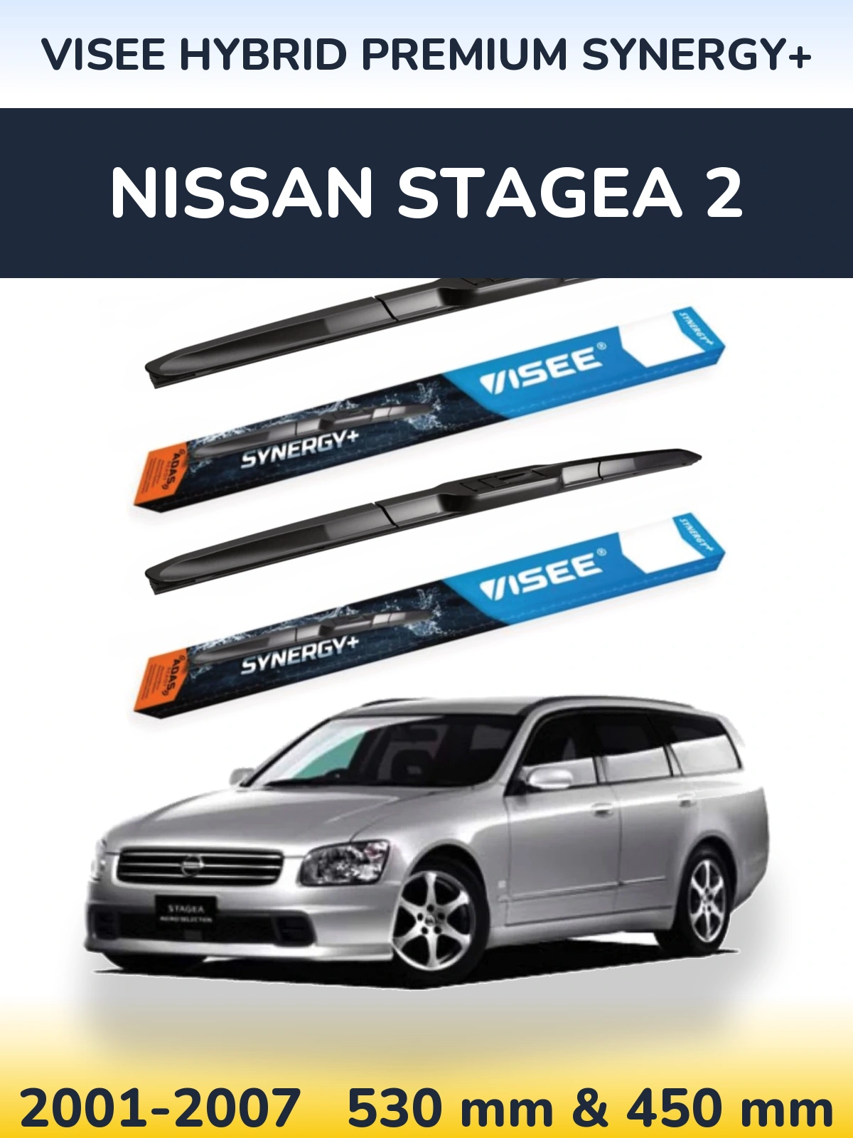 Komplet przednich wycieraczek VISEE HYBRID PREMIUM SYNERGY+ 530 & 450 mm do Nissan Stagea 2 2001-2007