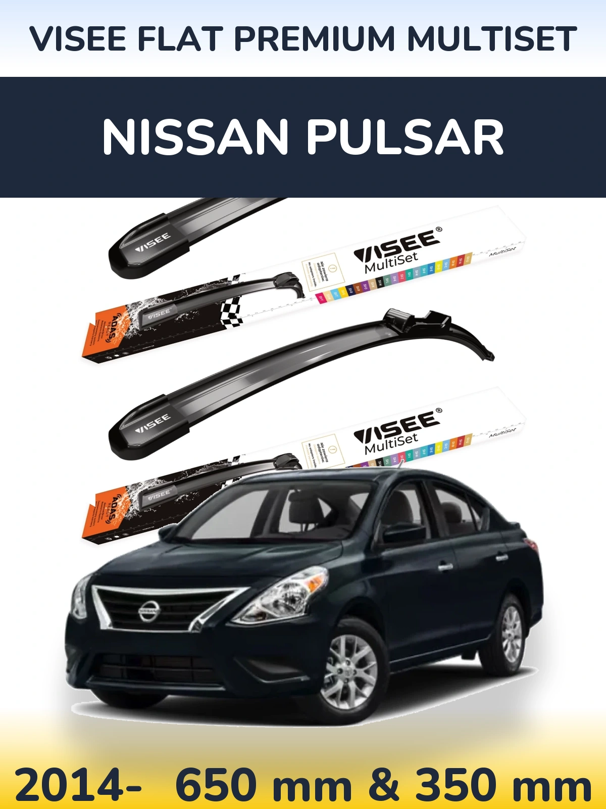 Komplet przednich wycieraczek VISEE FLAT PREMIUM MultiSet 650 & 350 mm do Nissan Pulsar 2014-2026