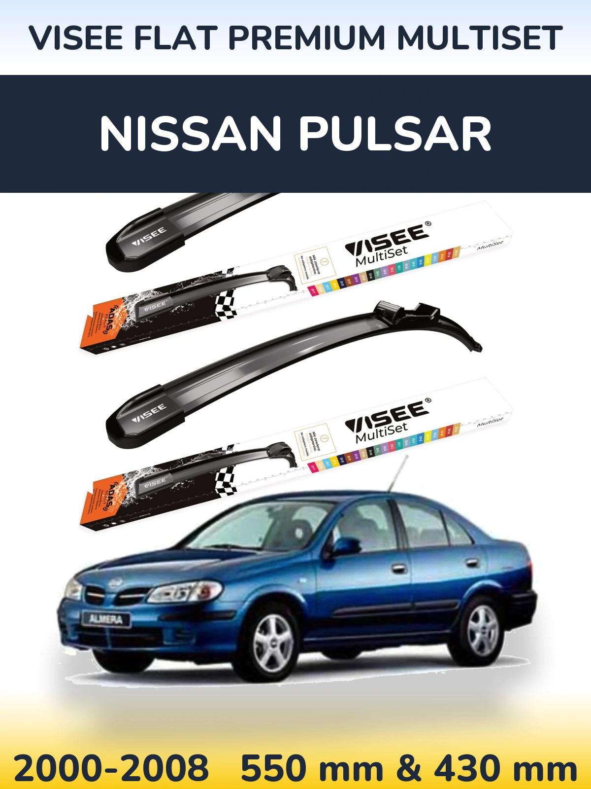 Komplet przednich wycieraczek VISEE FLAT PREMIUM MultiSet 550 & 430 mm do Nissan Pulsar 2000-2008