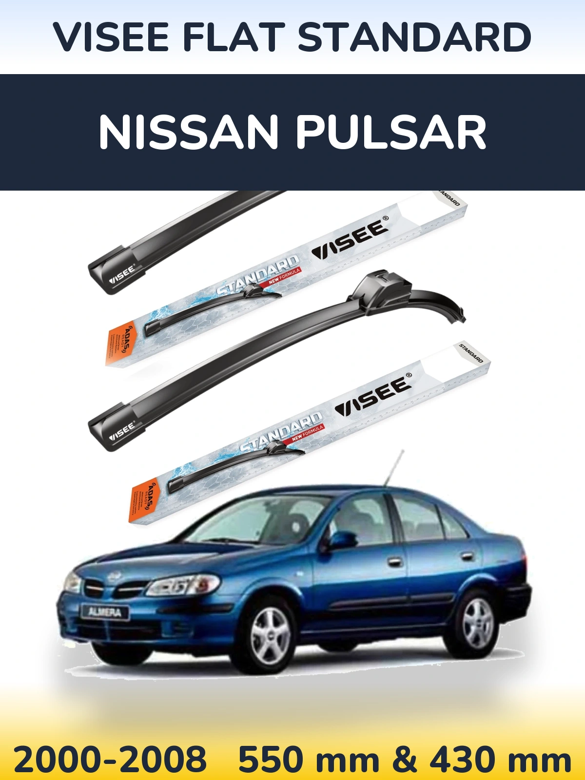 Komplet przednich wycieraczek VISEE FLAT STANDARD 550 & 430 mm do Nissan Pulsar 2000-2008