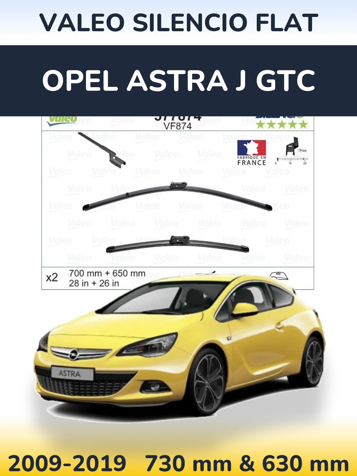 Front wiper blade set Valeo Silencio Flat 700 & 650 mm for Opel Astra J GTC 2009-2019