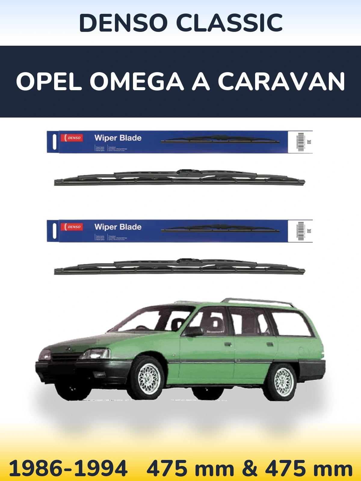 Front wiper blade set Denso Classic 475 & 475 mm for Opel Omega A Caravan 1986-1994