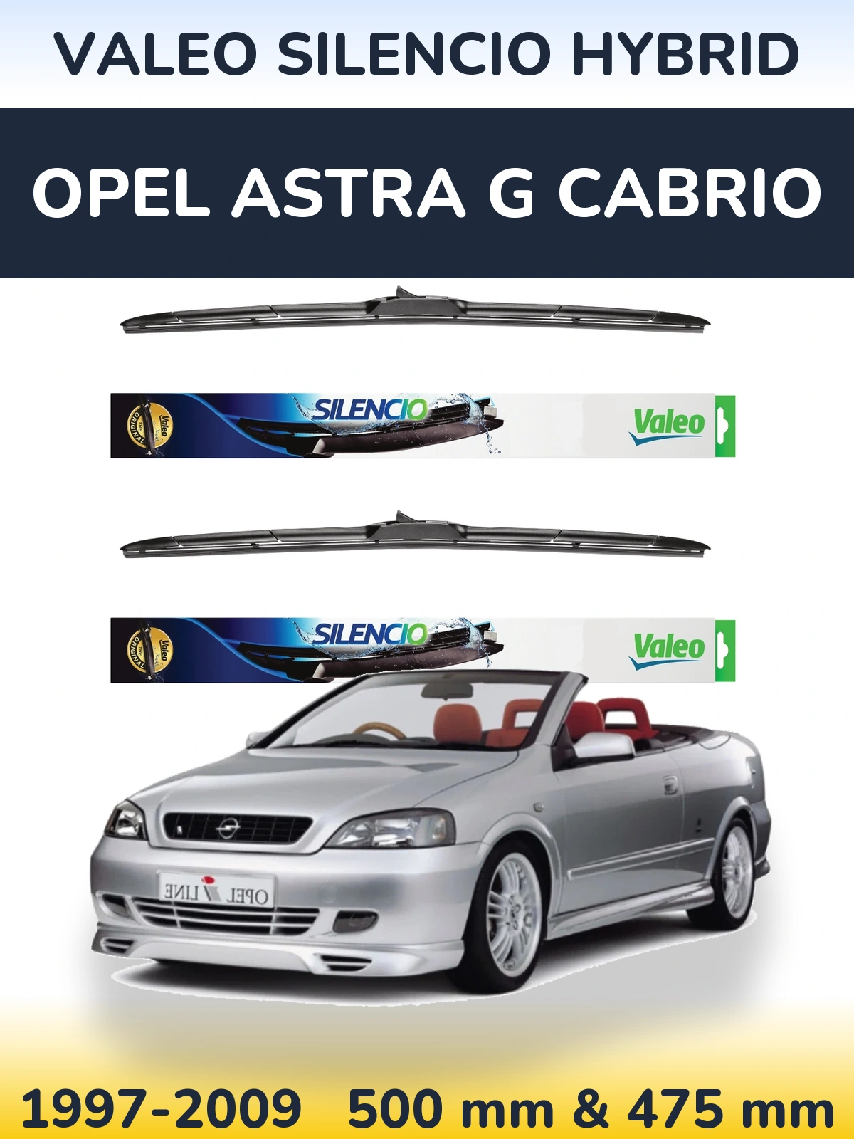Komplet przednich wycieraczek Valeo Silencio Hybrid 500 & 475 mm do Opel Astra G cabrio 1997-2009