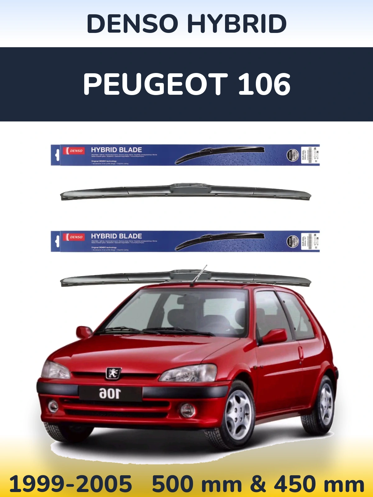 Komplet przednich wycieraczek Denso Hybrid 500 & 450 mm do Peugeot 106 1999-2005