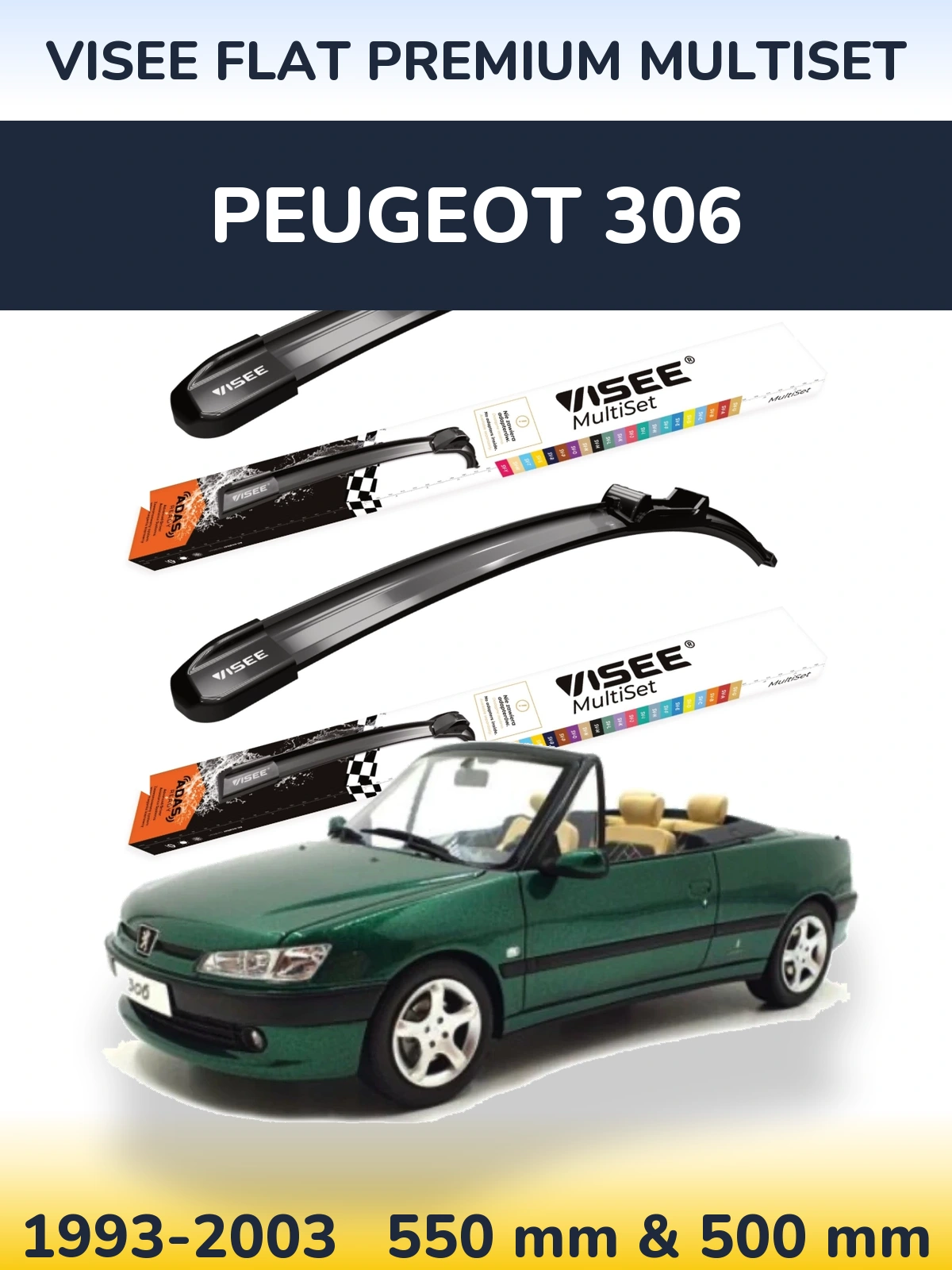 Komplet przednich wycieraczek VISEE FLAT PREMIUM MultiSet 550 & 500 mm do Peugeot 306 1993-2003