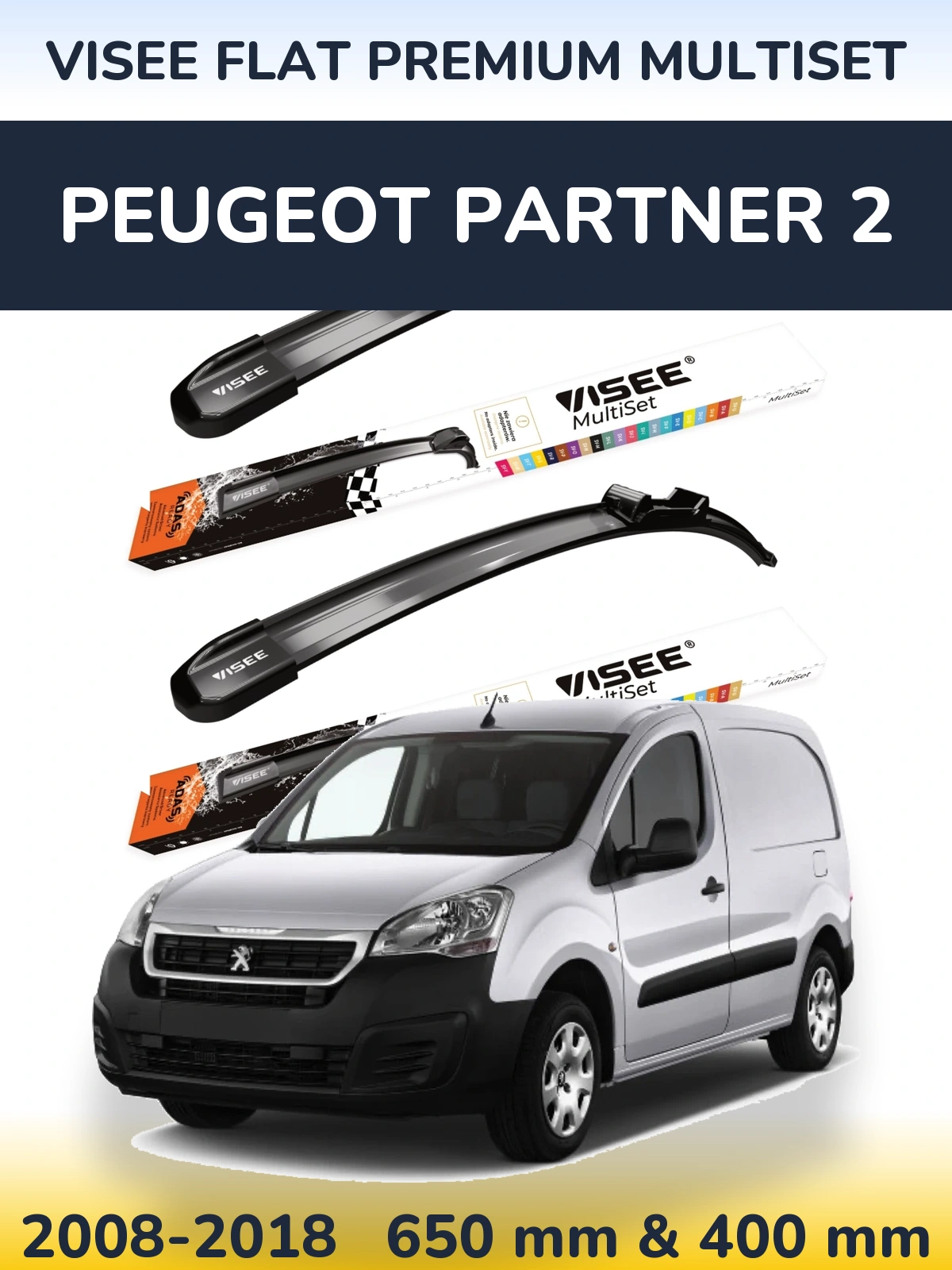 Komplet przednich wycieraczek VISEE FLAT PREMIUM MultiSet 650 & 400 mm do Peugeot Partner 2 2008-2018