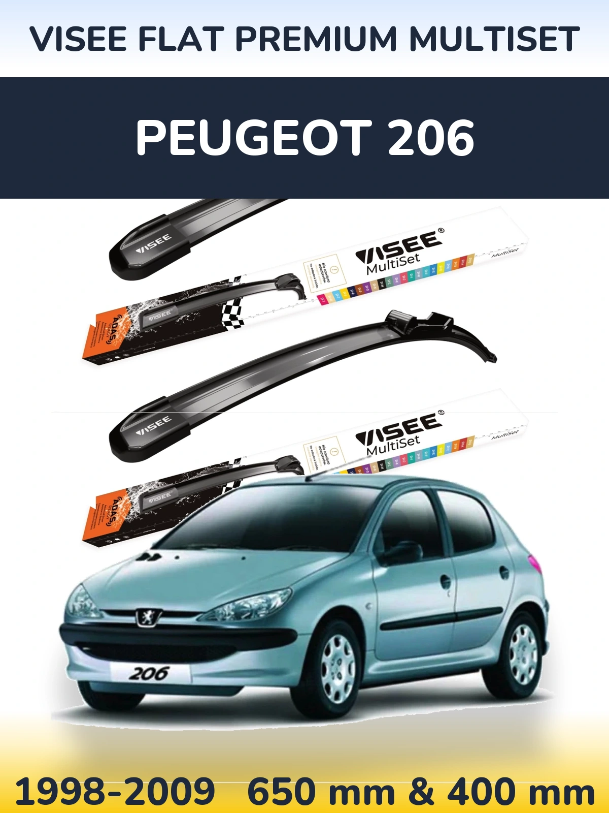 Komplet przednich wycieraczek VISEE FLAT PREMIUM MultiSet 650 & 400 mm do Peugeot 206 1998-2009