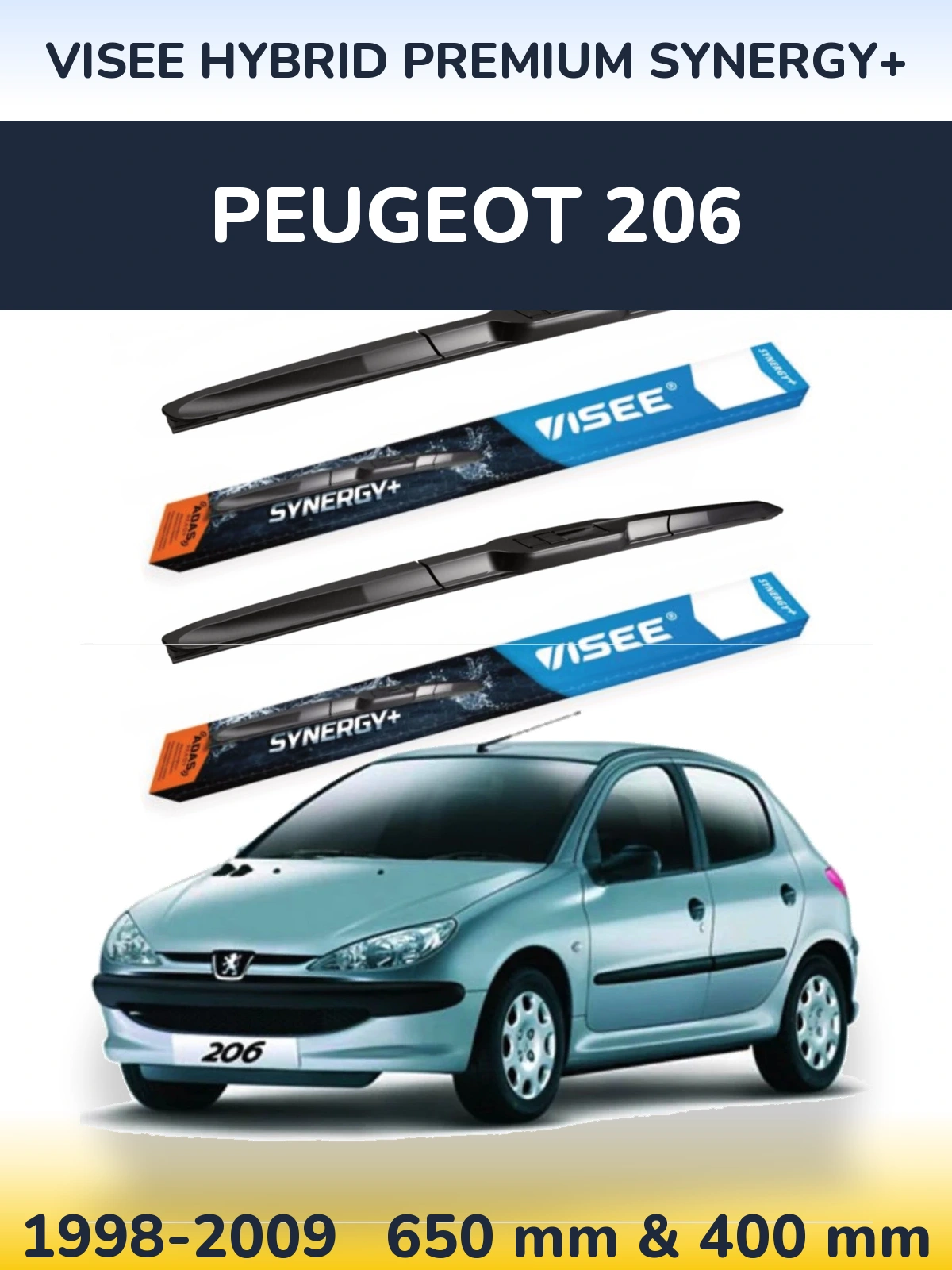 Komplet przednich wycieraczek VISEE HYBRID PREMIUM SYNERGY+ 650 & 400 mm do Peugeot 206 1998-2009