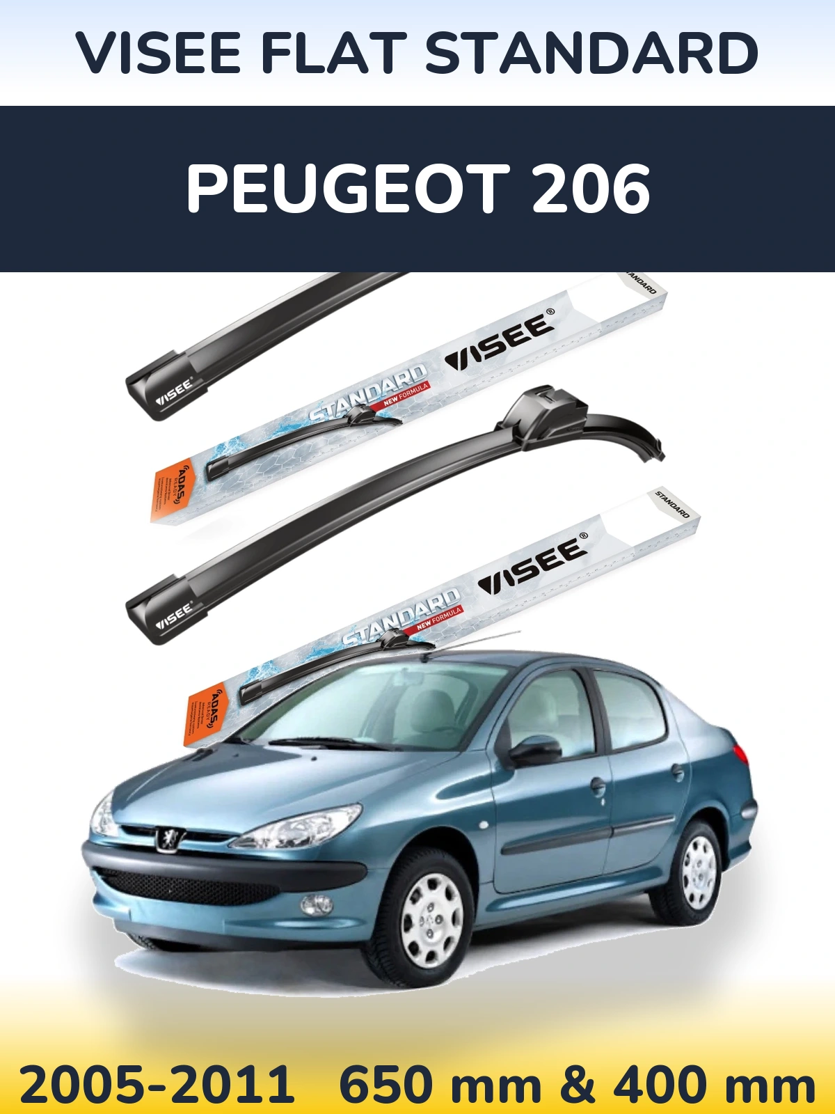 Комплект передних дворников VISEE FLAT STANDARD 650 & 400 мм для Peugeot 206 2005-2011