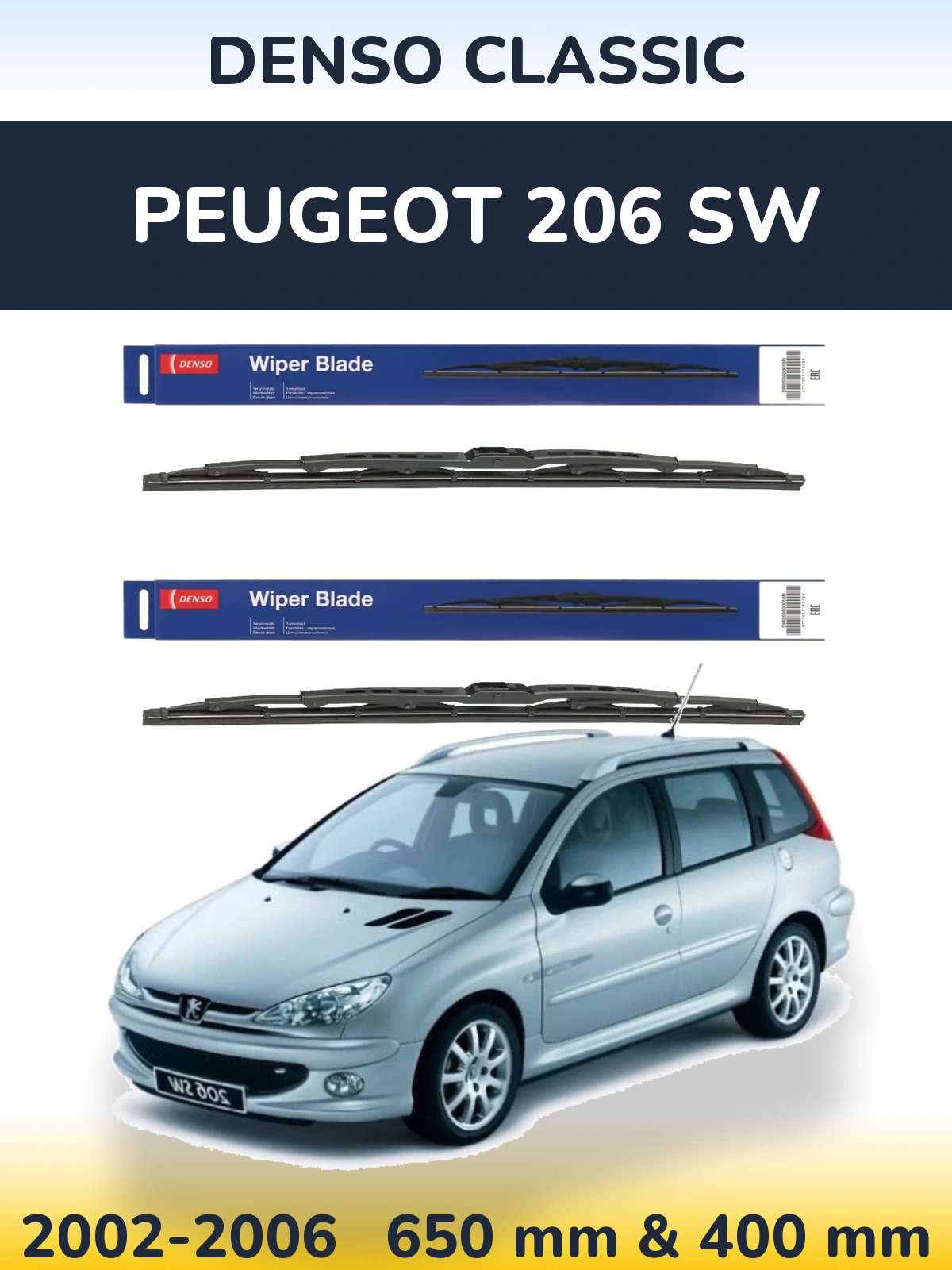 Komplet przednich wycieraczek Denso Classic 650 & 400 mm do Peugeot 206 SW 2002-2006