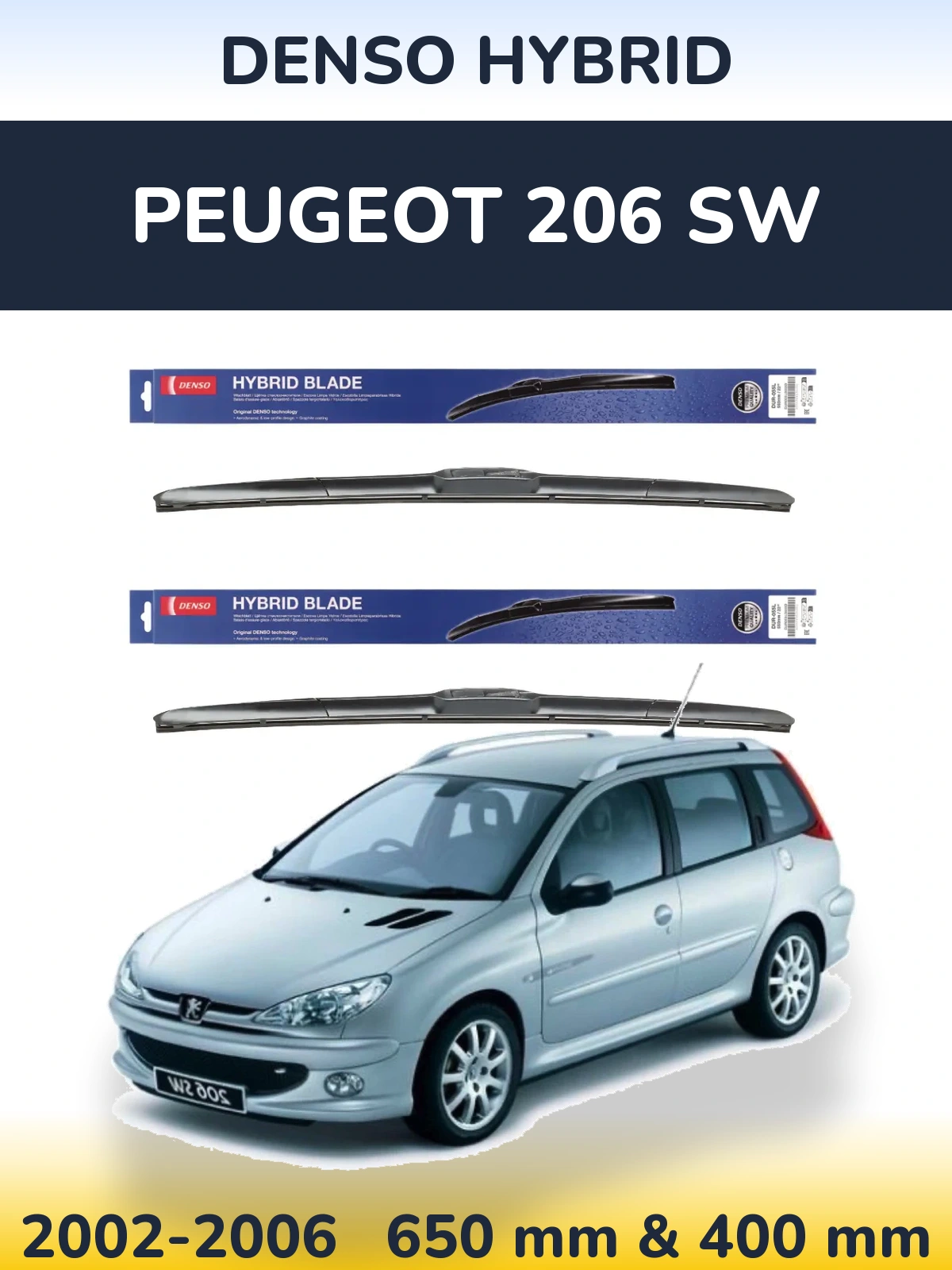 Komplet przednich wycieraczek Denso Hybrid 650 & 400 mm do Peugeot 206 SW 2002-2006