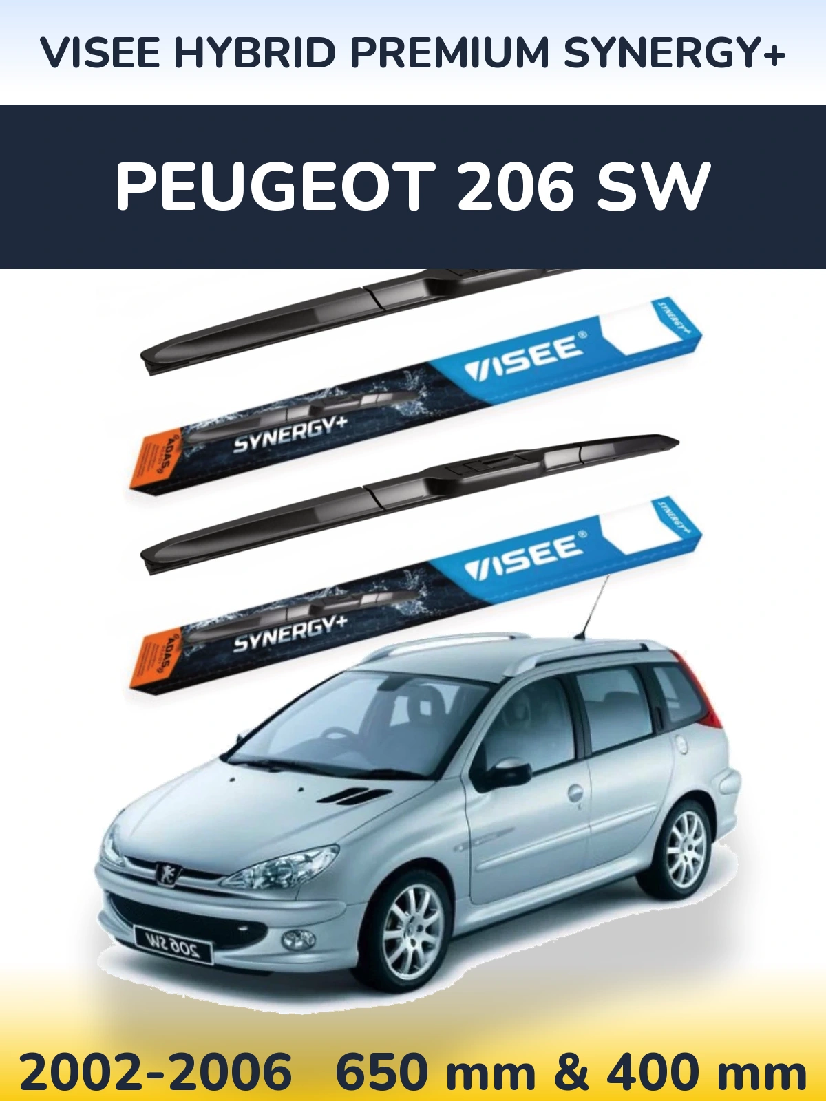 Komplet przednich wycieraczek VISEE HYBRID PREMIUM SYNERGY+ 650 & 400 mm do Peugeot 206 SW 2002-2006