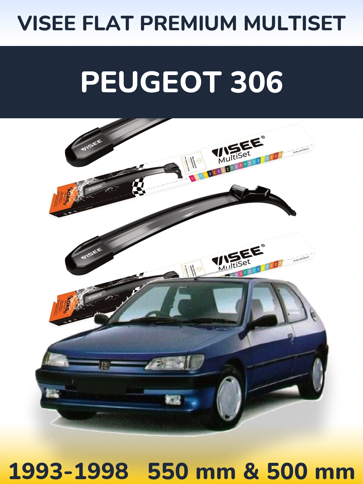 Komplet przednich wycieraczek VISEE FLAT PREMIUM MultiSet 550 & 500 mm do Peugeot 306 1993-1998