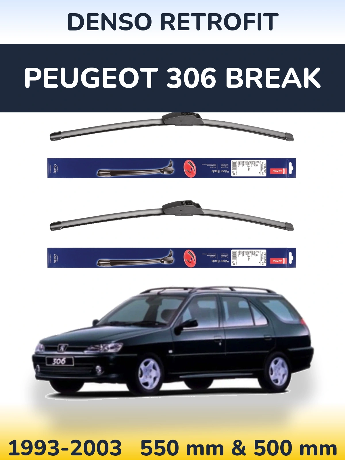Komplet przednich wycieraczek Denso Retrofit 550 & 500 mm do Peugeot 306 Break 1993-2003