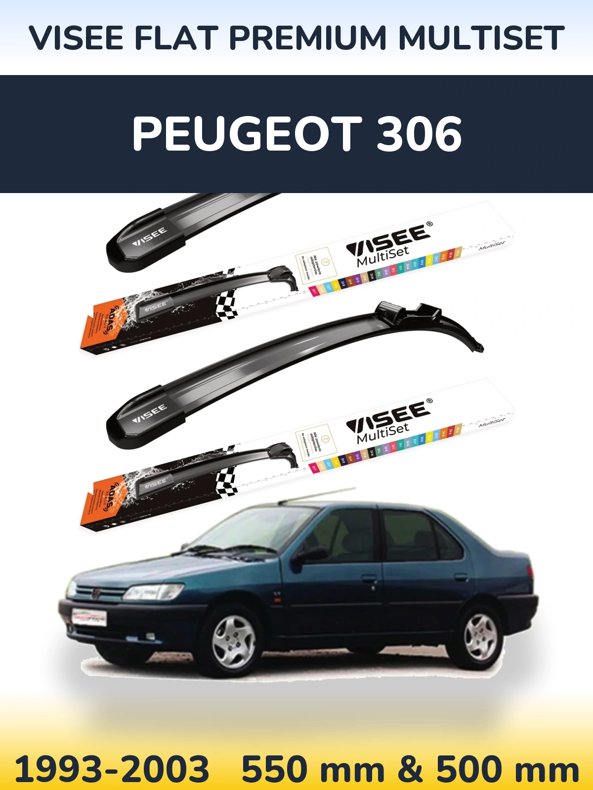 Комплект передних дворников VISEE FLAT PREMIUM MultiSet 550 & 500 мм для Peugeot 306 1993-2003