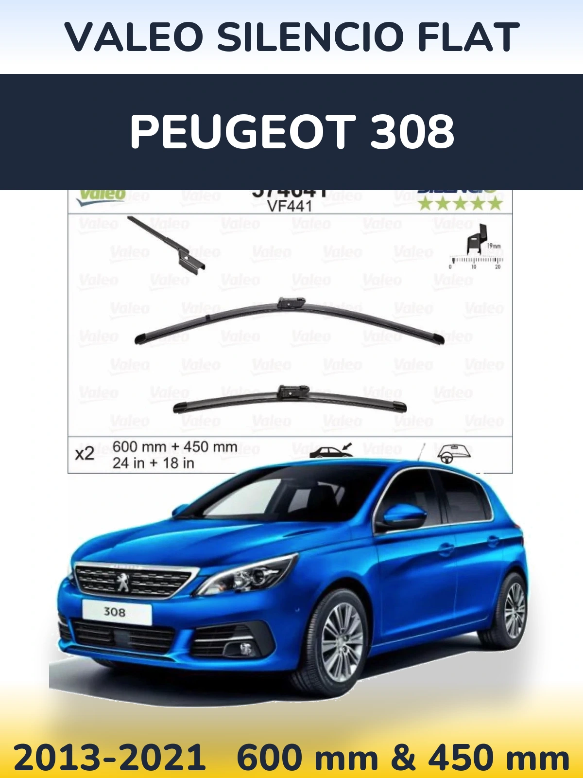 Komplet przednich wycieraczek Valeo Silencio Flat 600 & 450 mm do Peugeot 308 2013-2021