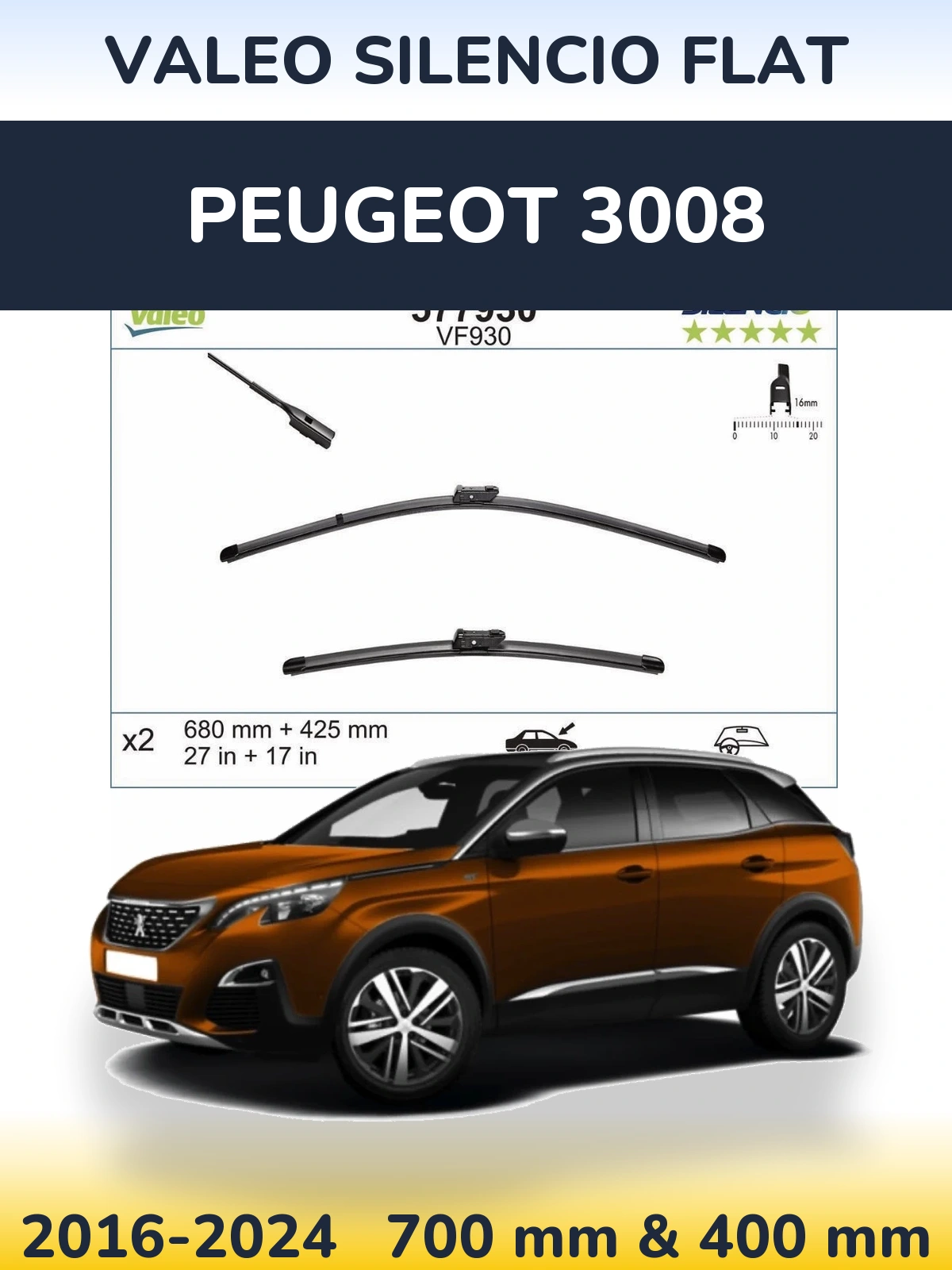 Komplet przednich wycieraczek Valeo Silencio Flat 680 & 400 mm do Peugeot 3008 2016-2024