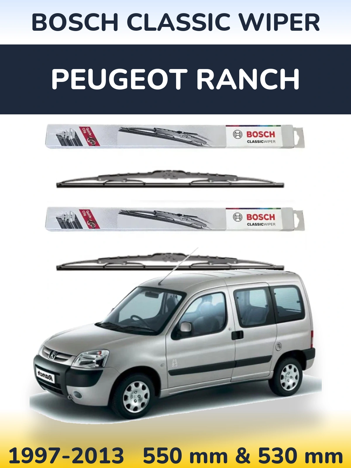 Komplet przednich wycieraczek BOSCH Classic Wiper 550 & 530 mm do Peugeot Ranch 1997-2013