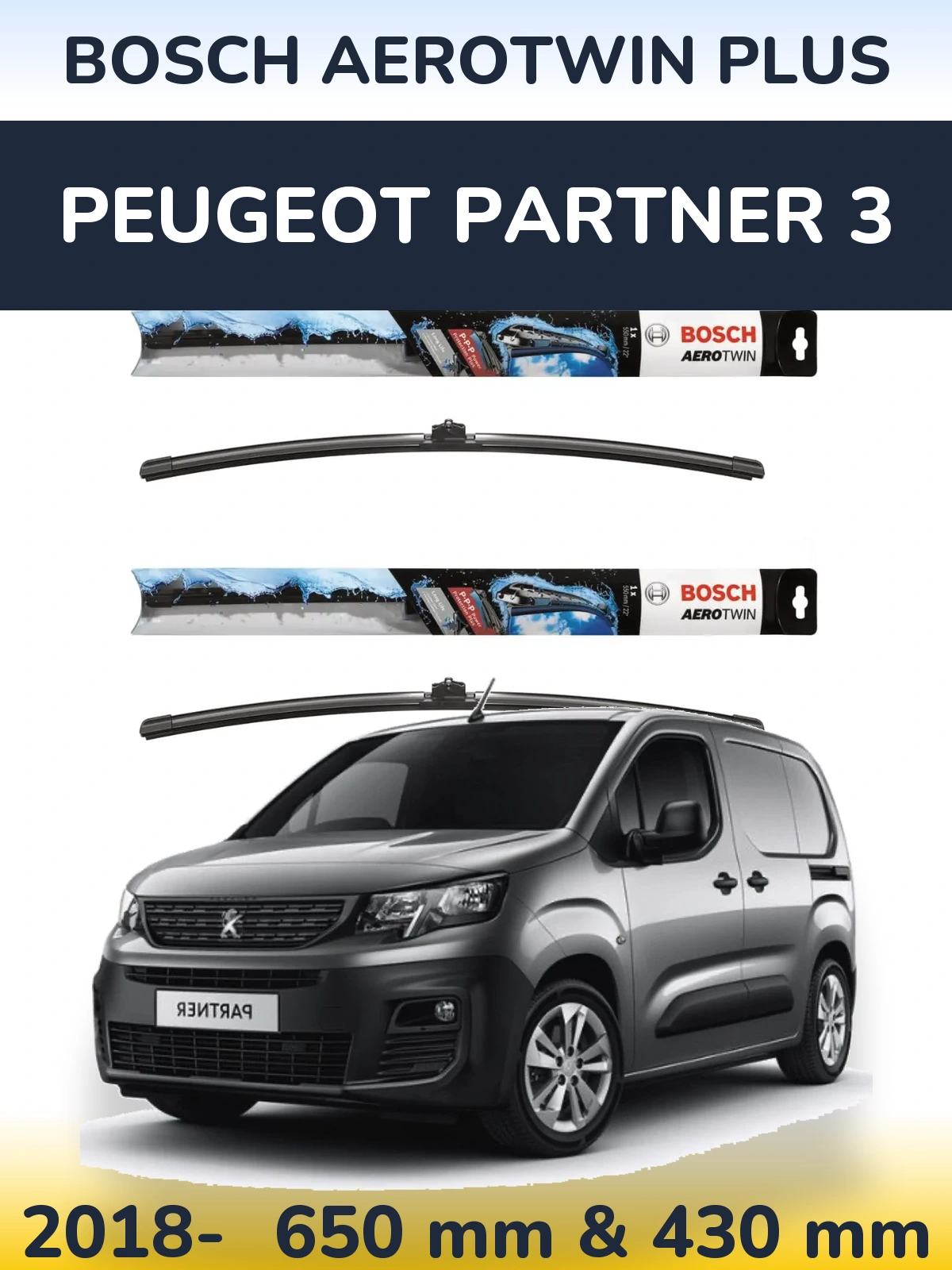 Komplet przednich wycieraczek BOSCH AeroTwin Plus 650 & 430 mm do Peugeot Partner 3 2018-2026