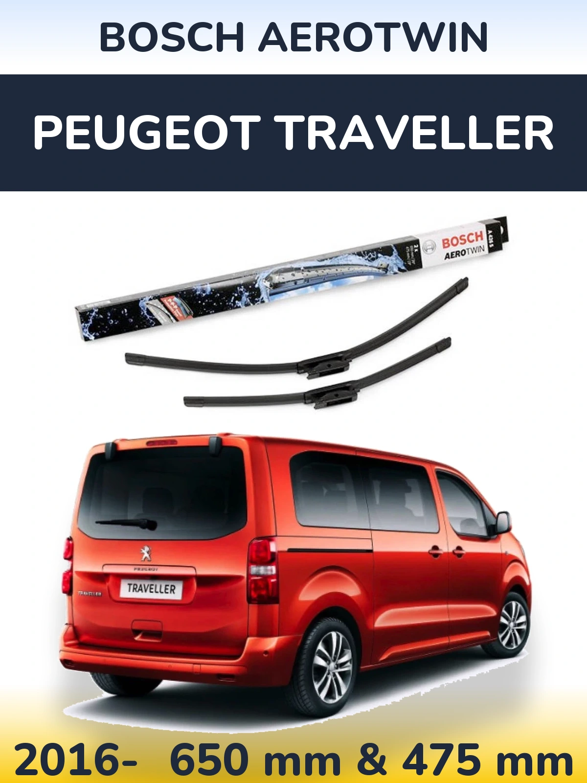 Комплект передних дворников BOSCH AeroTwin 650 & 475 мм для Peugeot Traveller 2016-2026